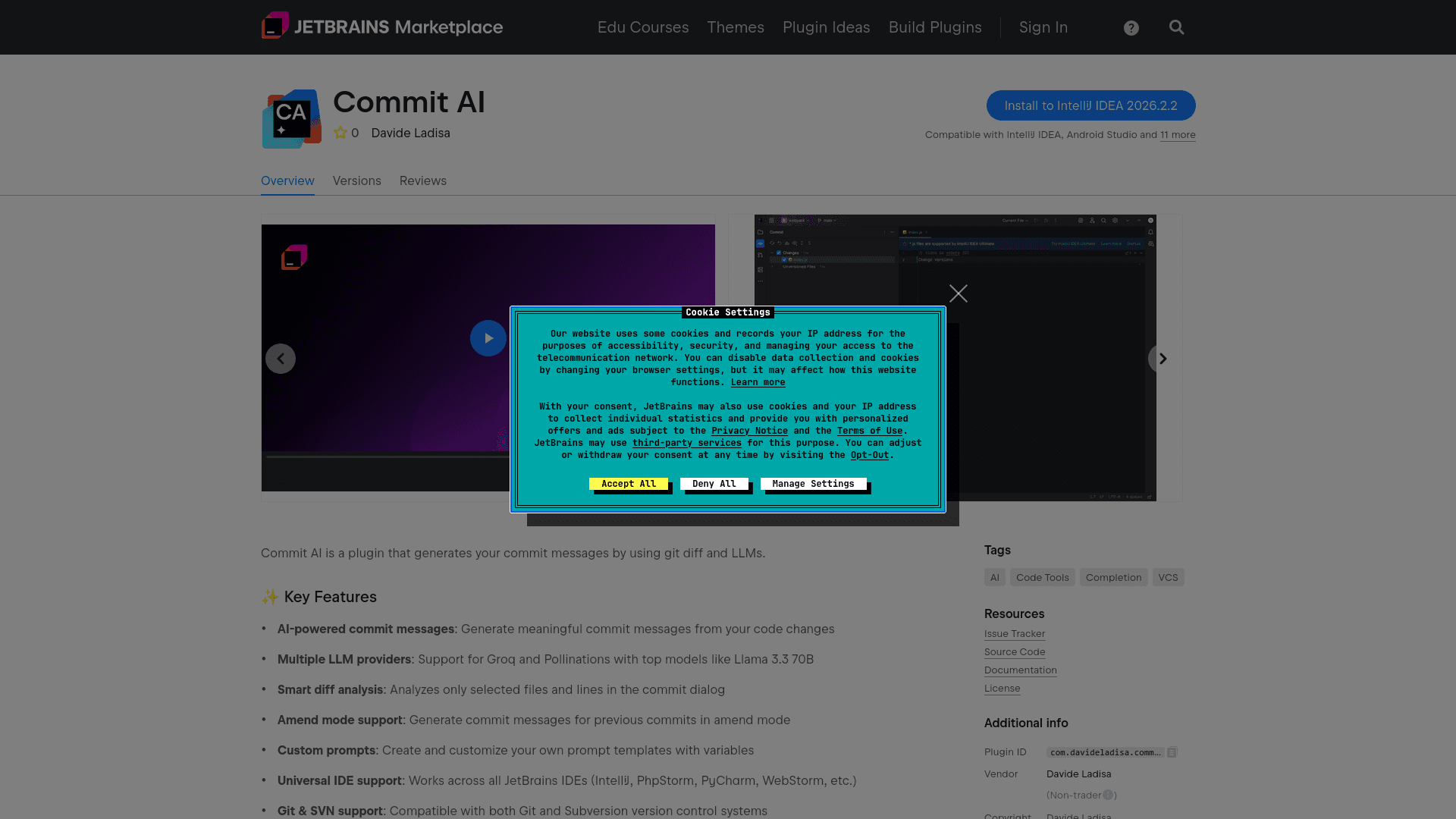 Screenshot COMMIT AI - JETBRAINS PLUGIN